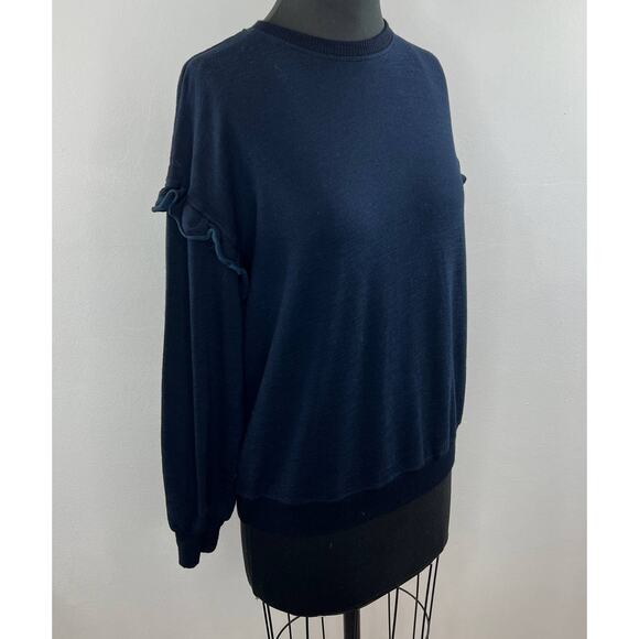 MONROW Navy Blue Long Sleeve Ruffle Shoulder Round Neck Pullover Sweater Size M - Picture 2 of 7